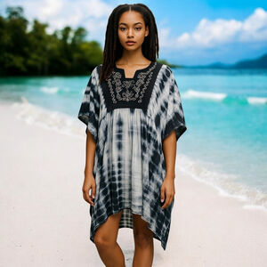 Tie Dye Beach Coverup Black & White OS (M/L) Blouse Caftan/Kaftan Poncho style
